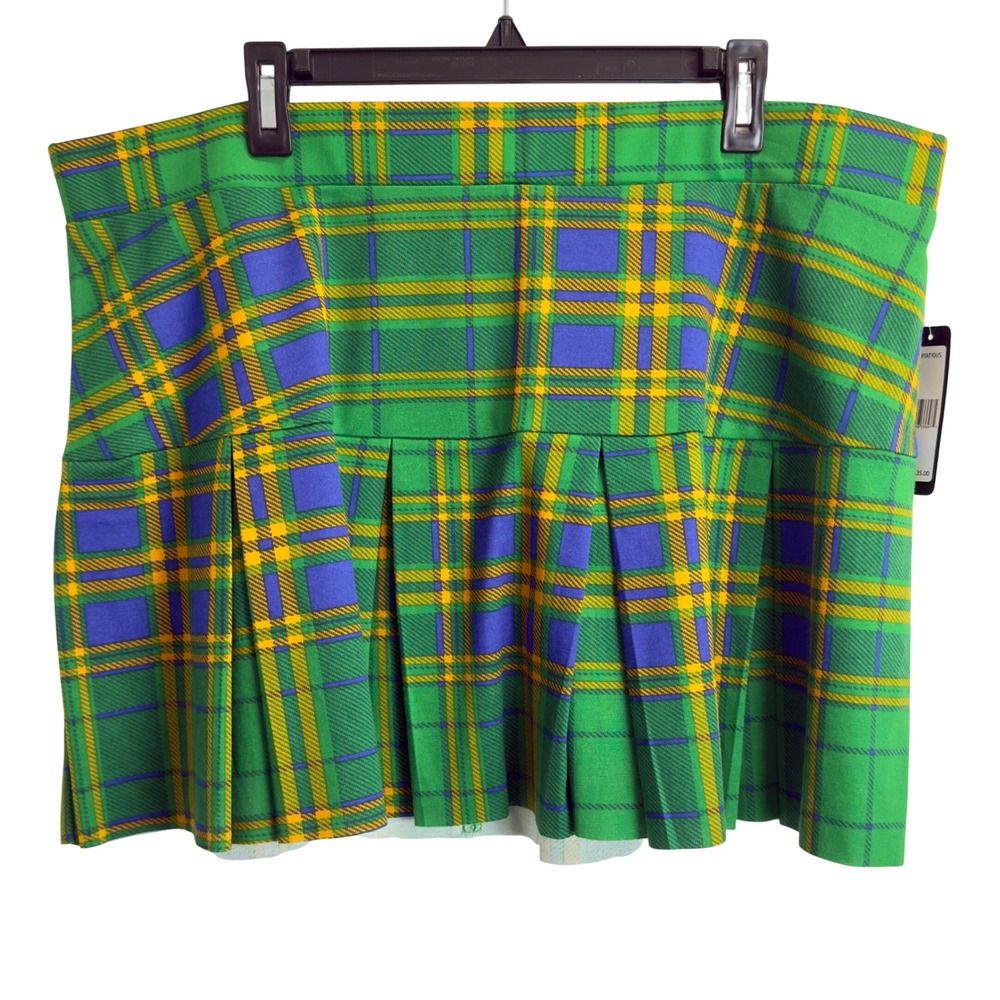 Flirtatious Green Plaid Pleated Mini Skirt Womens 3X Plus Tartan Drop Waist